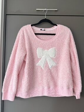 Pink Fuzzy Bow Fleece Sweater Pullover Soft Cozy Size XL